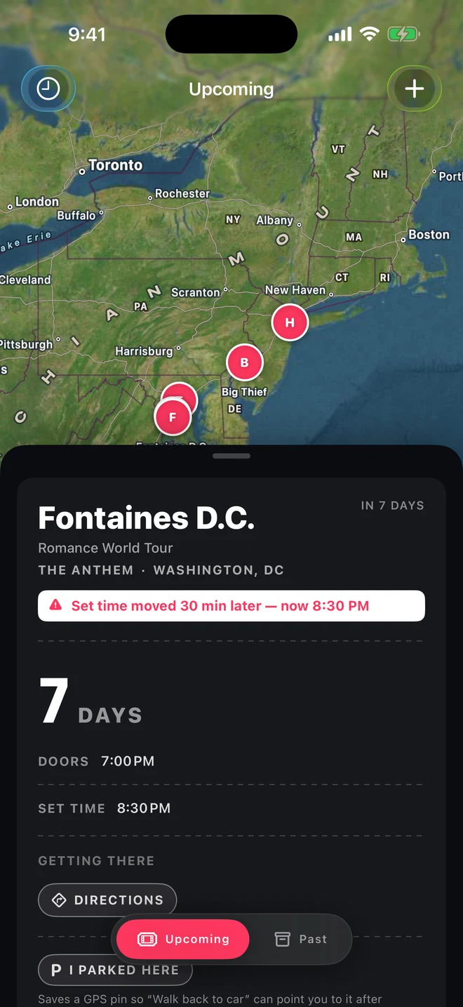Upcoming tab: a satellite map of shows with a next-show ticket