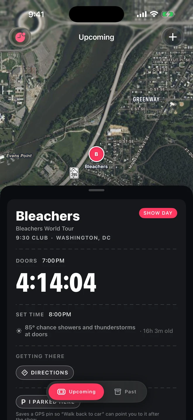 Showbound show-day screen: SHOW DAY badge, live countdown to doors, set time and weather